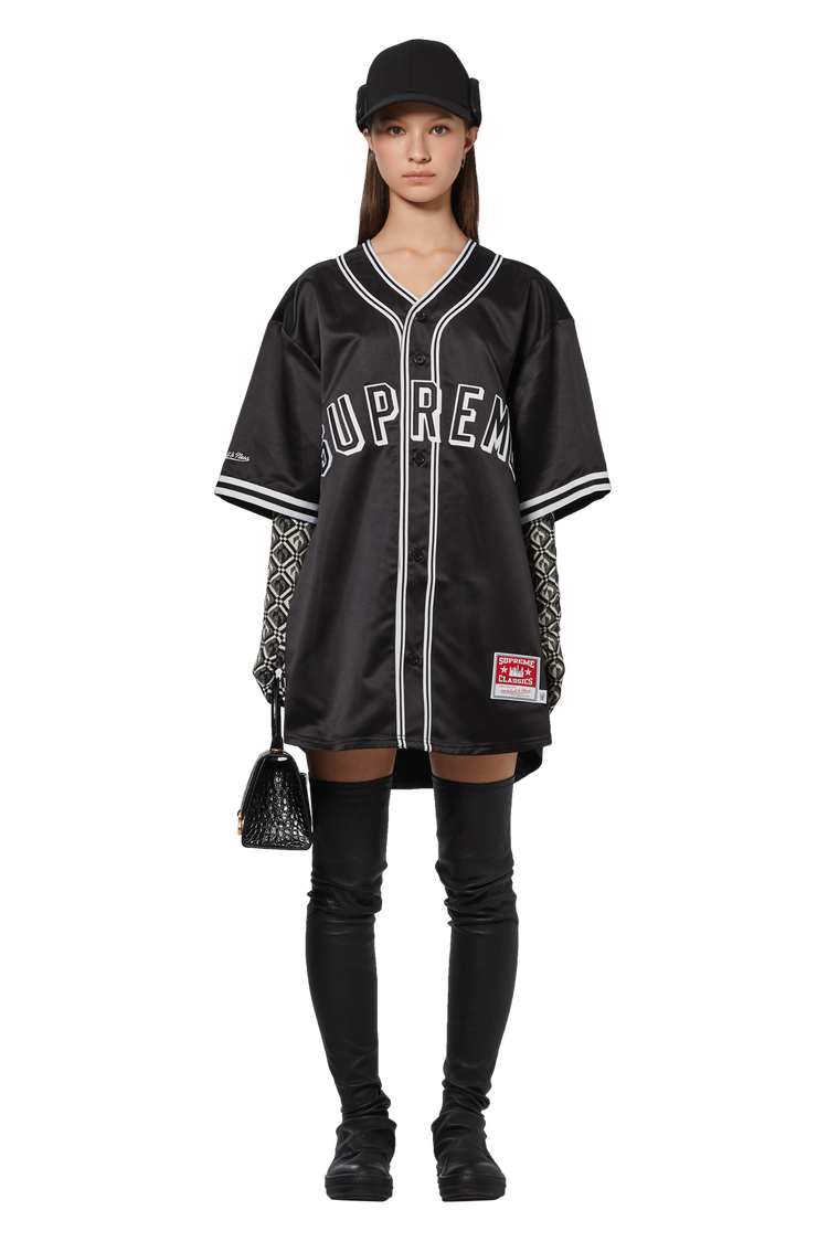 model wearing Supreme x Mitchell & Ness Satin Baseball Jersey 'Black'
