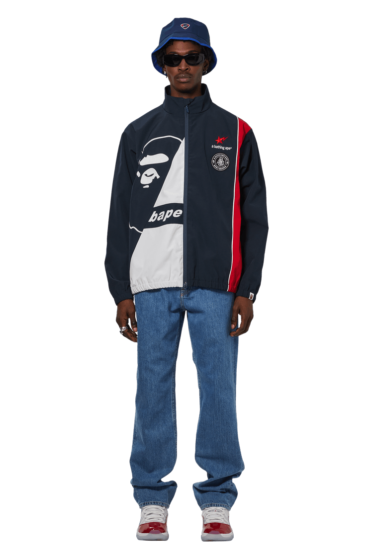 Model wearing BAPE Ape Relaxed Fit Track Suit Jacket 'Navy'