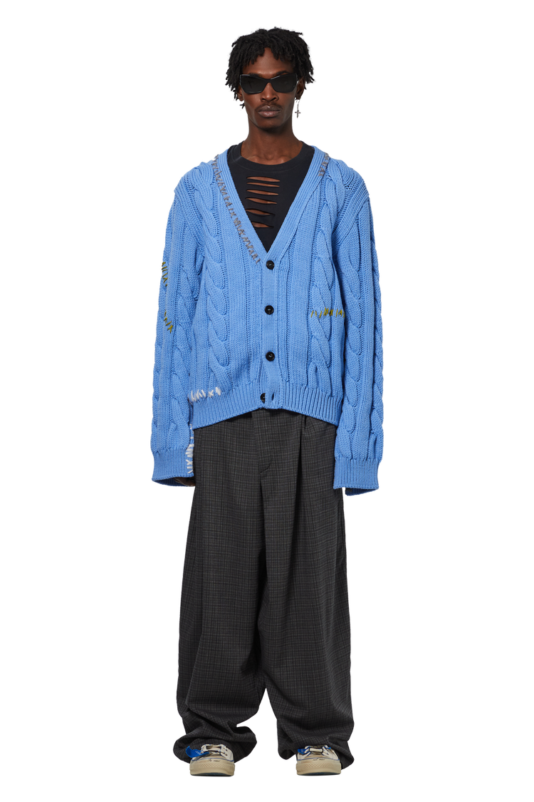 Model wearing Marni Cable Knit Cardigan 'Iris Blue'