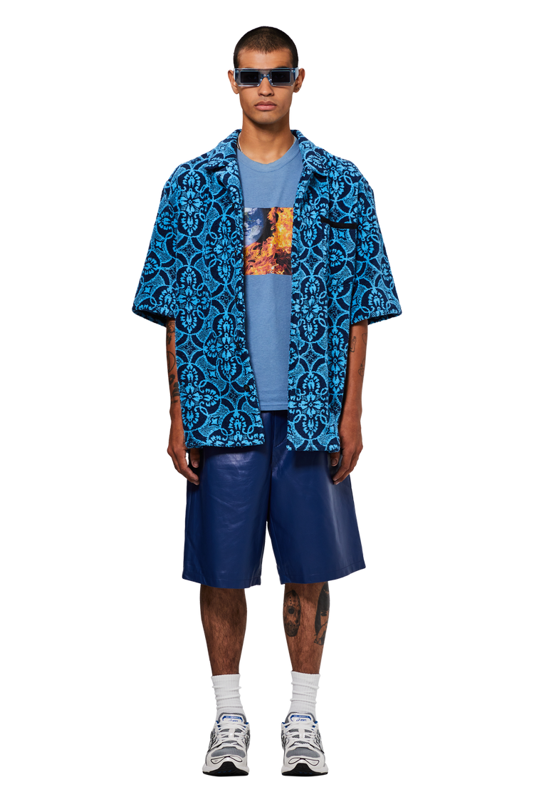 model wearing Marine Serre Oriental Towels Bowling Shirt 'Oriental Aquarius'