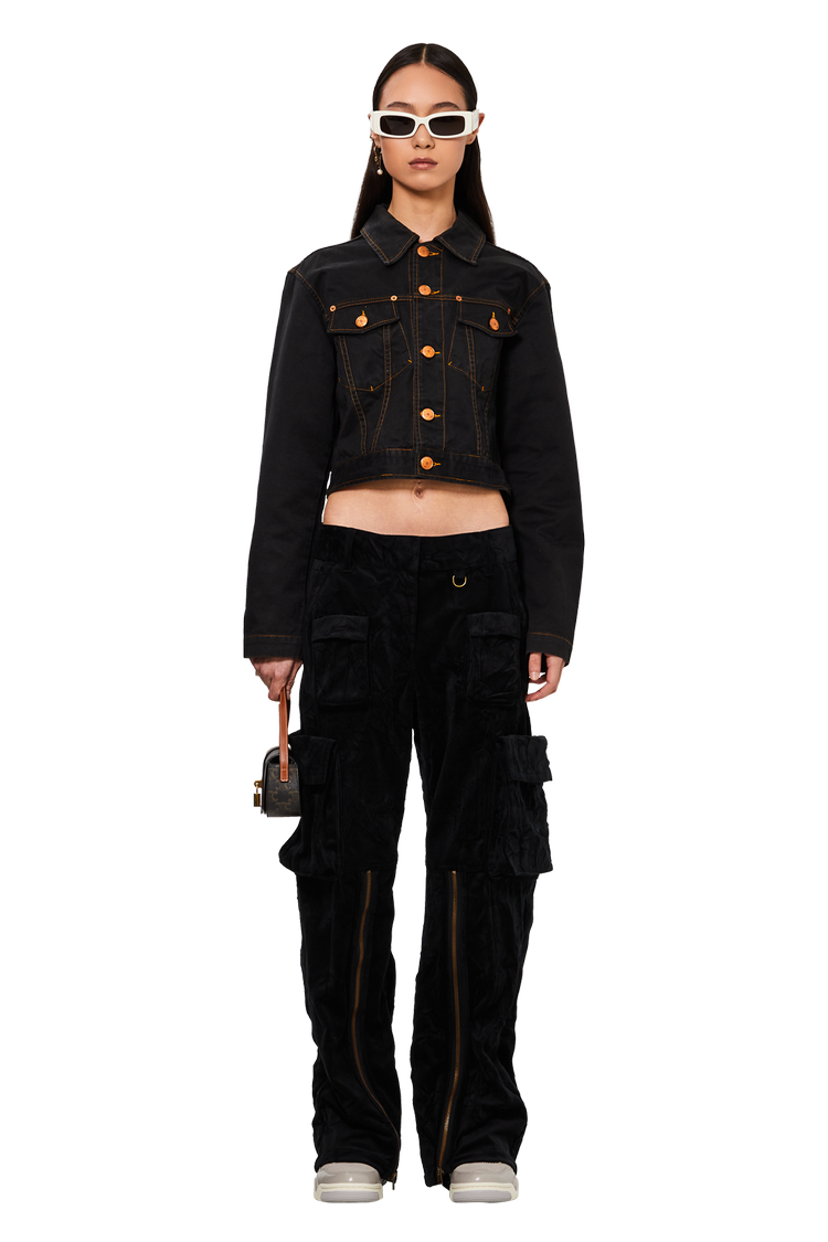 model wearing Vintage Jean Paul Gaultier Zip Cropped Denim Jacket 'Indigo'