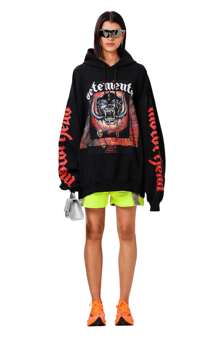 Model wearing Vetements Motorhead Patched Hoodie 'Black'