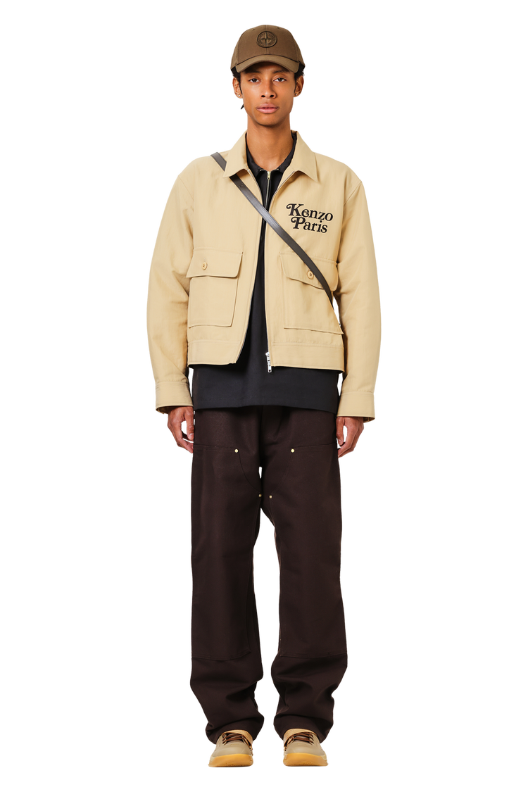 Model wearing Marni Workwear Gabardine Short-Sleeve Zip Polo 'Granite'