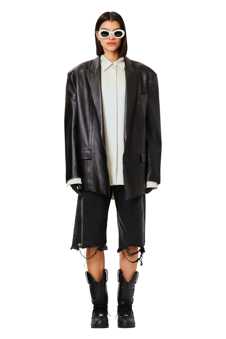 Model wearing The Attico Short Leather Coat 'Black'