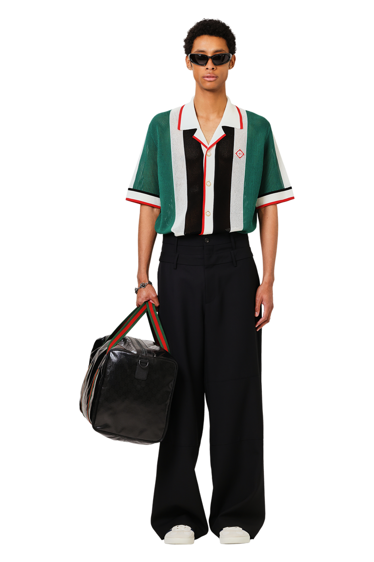Model wearing Casablanca Striped Mesh Shirt 'Green/White Stripe'