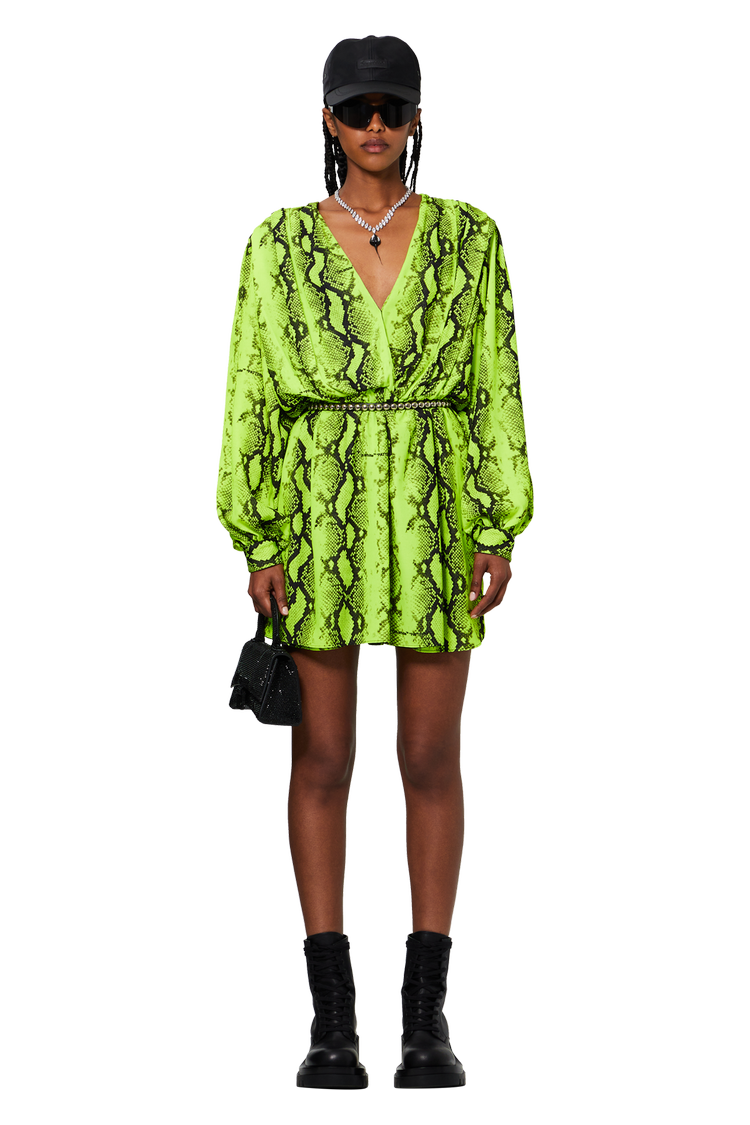 model wearing Off-White Snake V Arrow Belt Dress 'Neon Green'