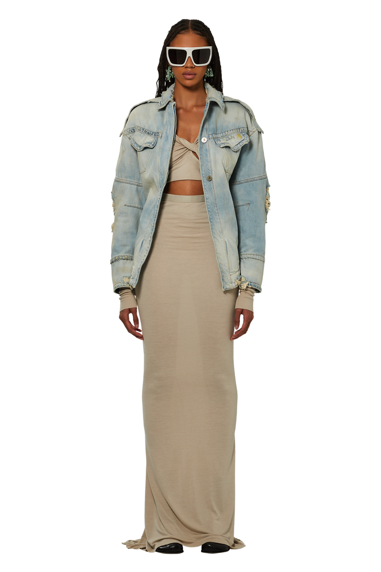 model wearing Rick Owens Lilies Slip Skirt 'Dark Pearl'