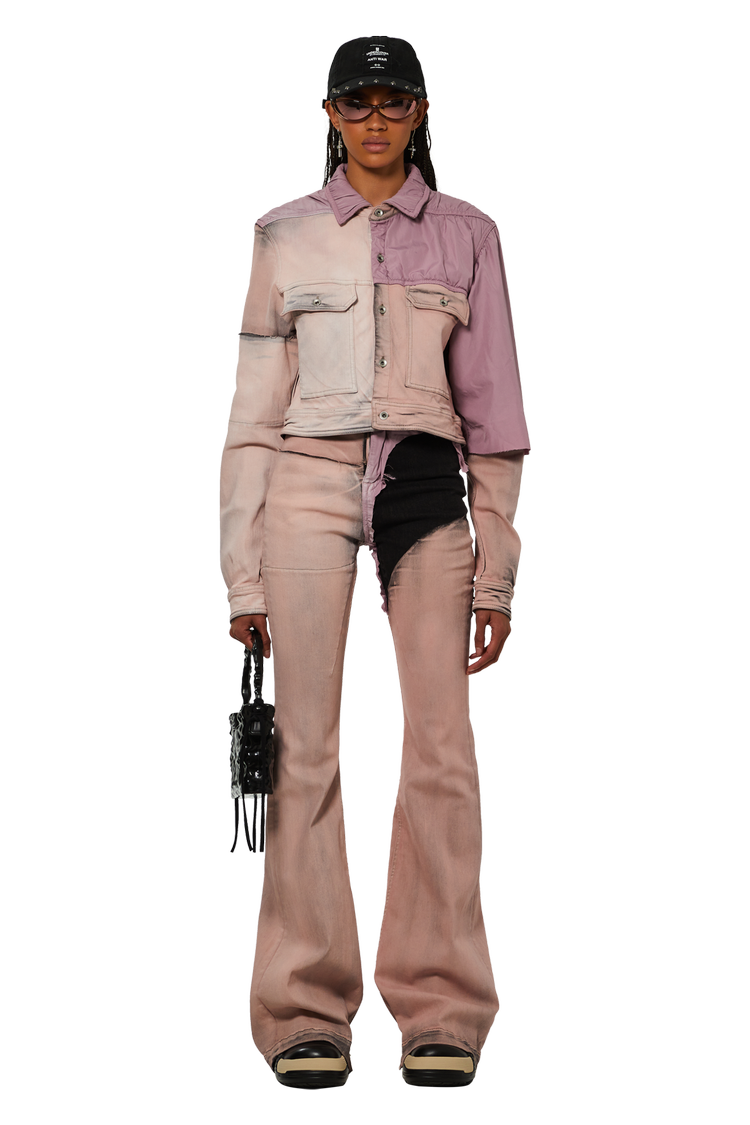 Model wearing Rick Owens DRKSHDW Giacca Denim Cropped Jacket 'Faded Pink'