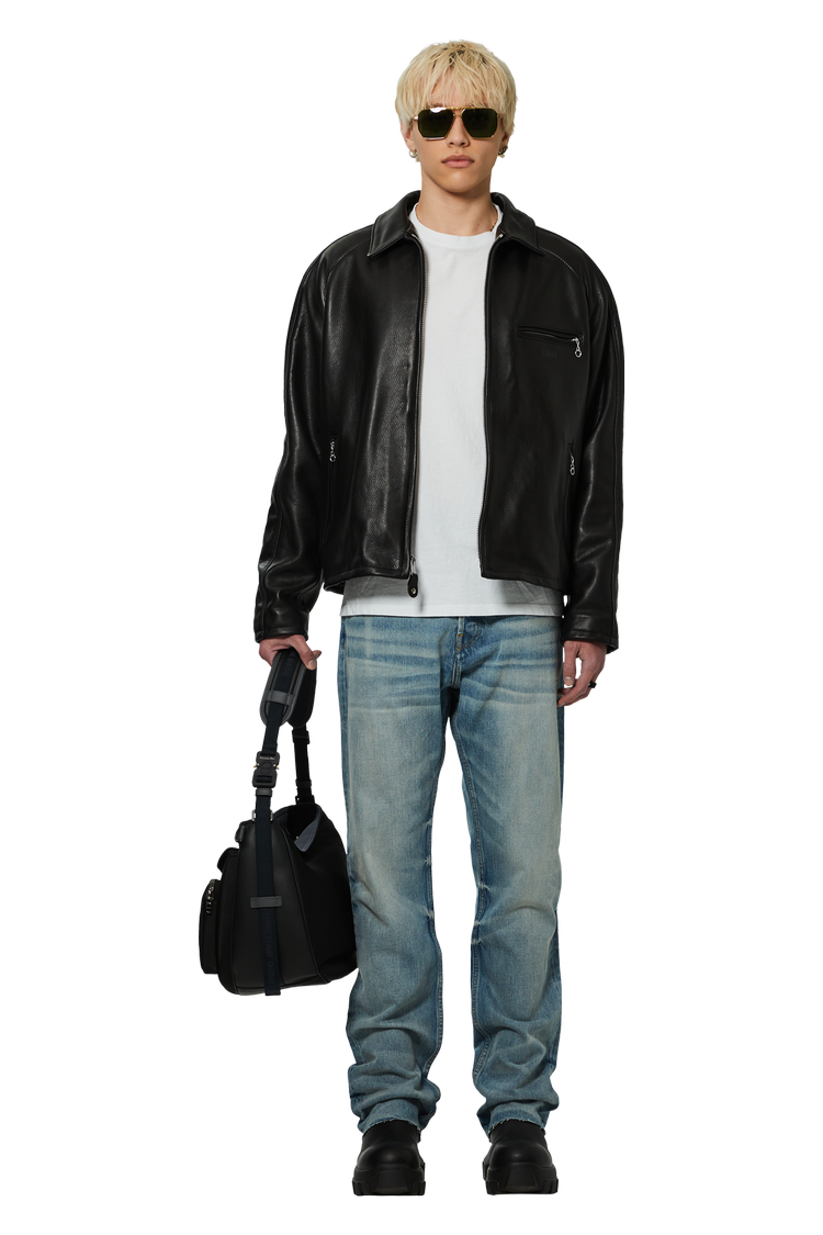 Model wearing Supreme x Schott Leather Racer Jacket 'Black'
