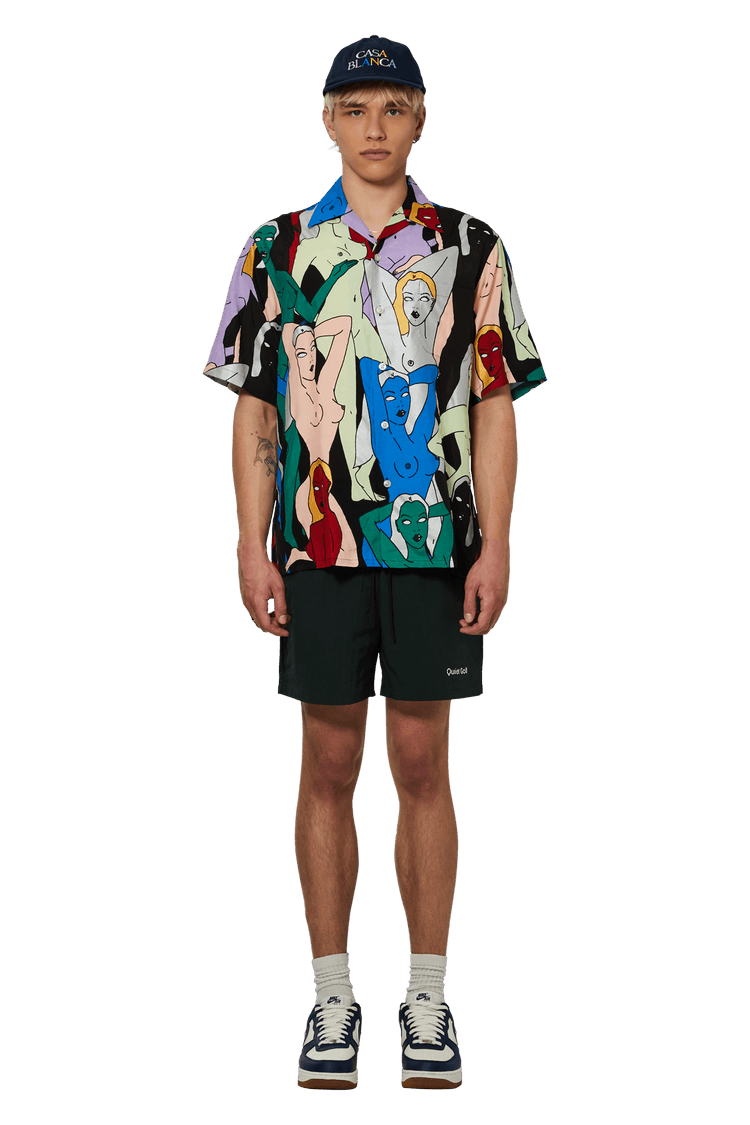 Model wearing Wacko Maria Hawaiian Short-Sleeve Shirt (Type 2) 'Black'