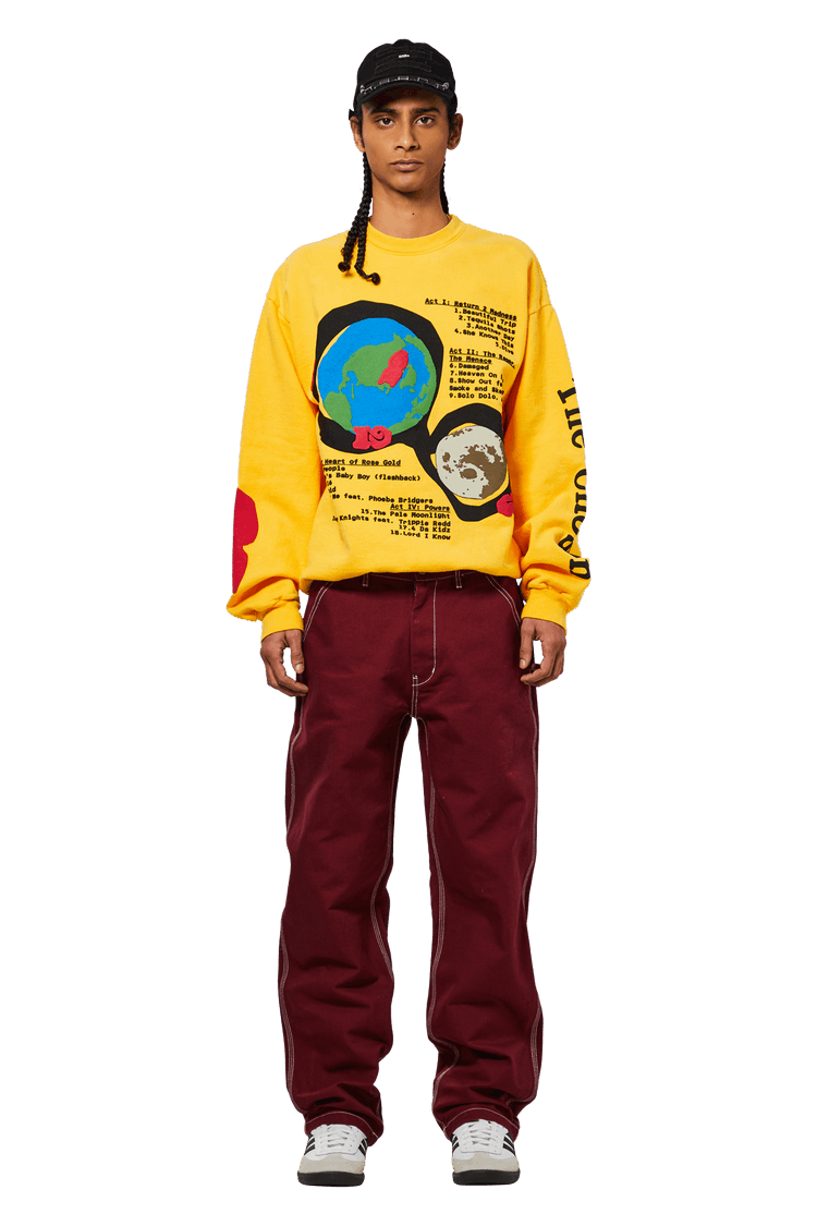 Model wearing Cactus Plant Flea Market x Kid Cudi For MOTM III Beautiful Trip Crewneck 'Yellow'