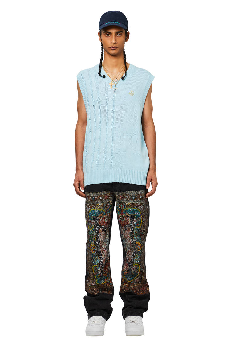 model wearing GOLF WANG Grand Logo Split Cable Vest 'Blue'