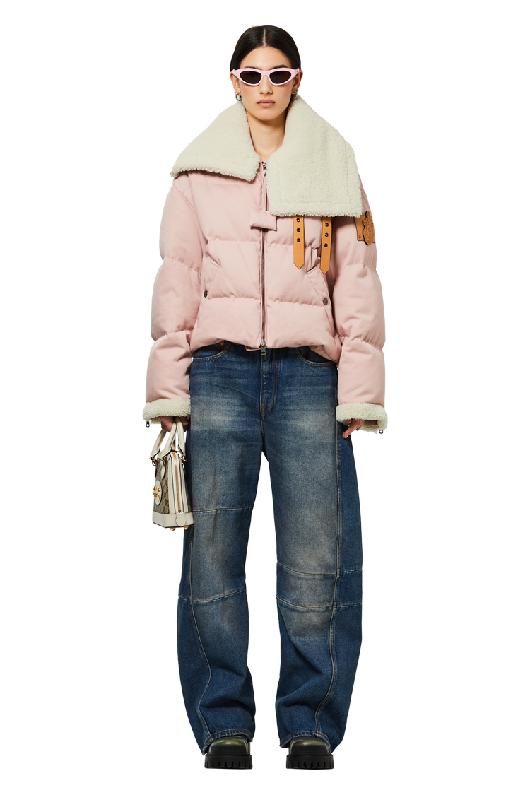 Pink GG Supreme canvas hooded down coat, Gucci