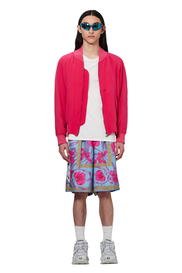Model wearing Versace Printed Shorts 'Purple/Pink'