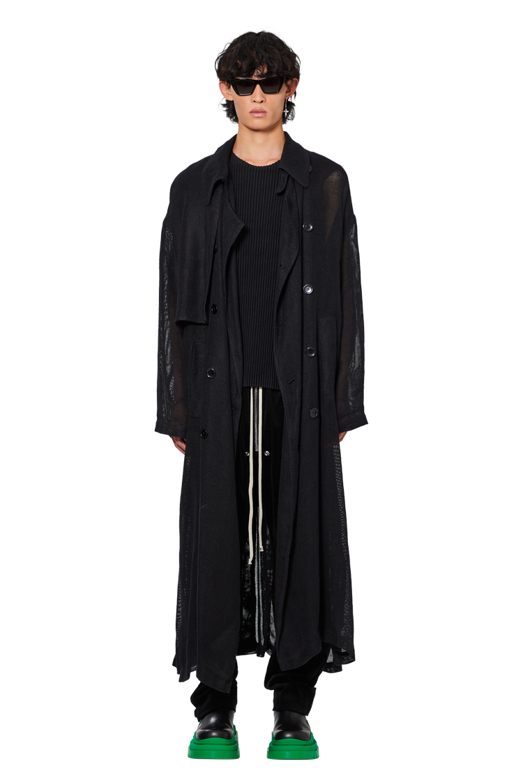 Model wearing Raf Simons Icarus Surgit Perforated Overcoat 'Black'