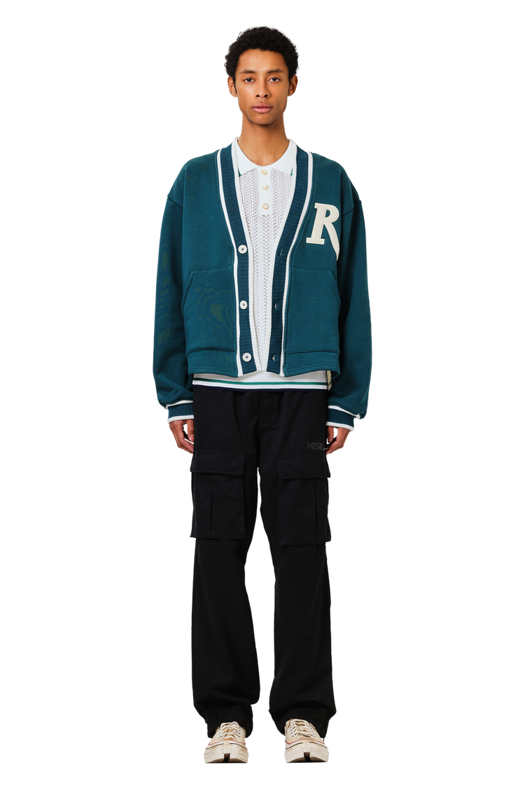 Model wearing Rhude R Patch Terry Cardigan 'Teal/Cream'