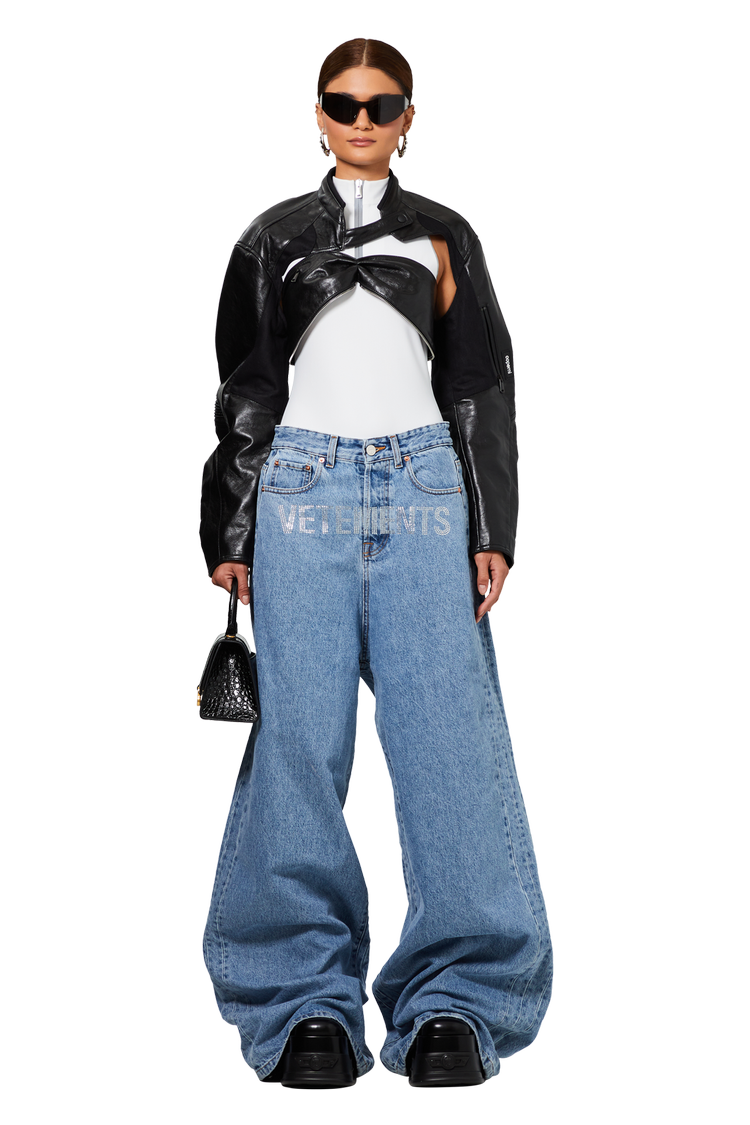 Model wearing Coperni Cut Out Cropped Biker Jacket 'Black'