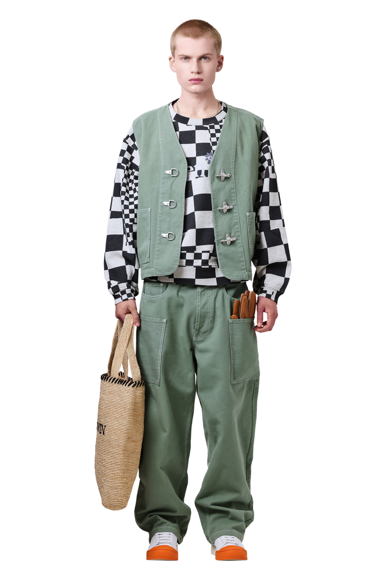 Model wearing Kenzo Elephant Flag Workwear Gilet 'Almond Green'