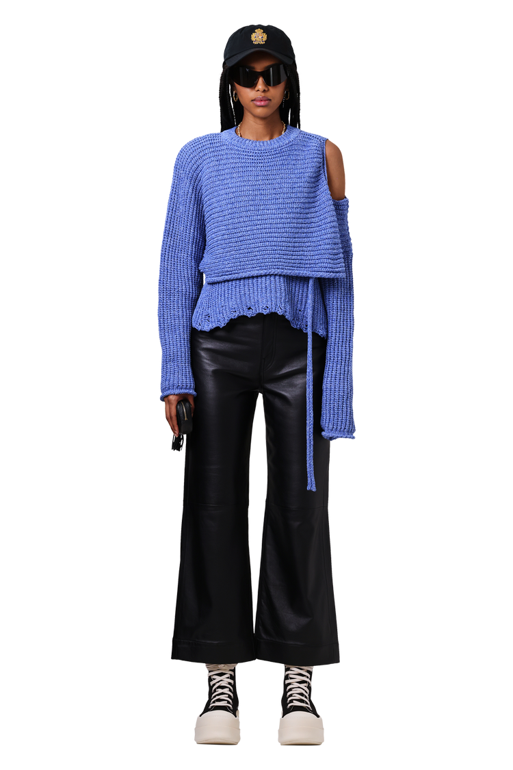 Model wearing Ottolinger Knitted Deconstructed Wrap Knit Top 'Blue'