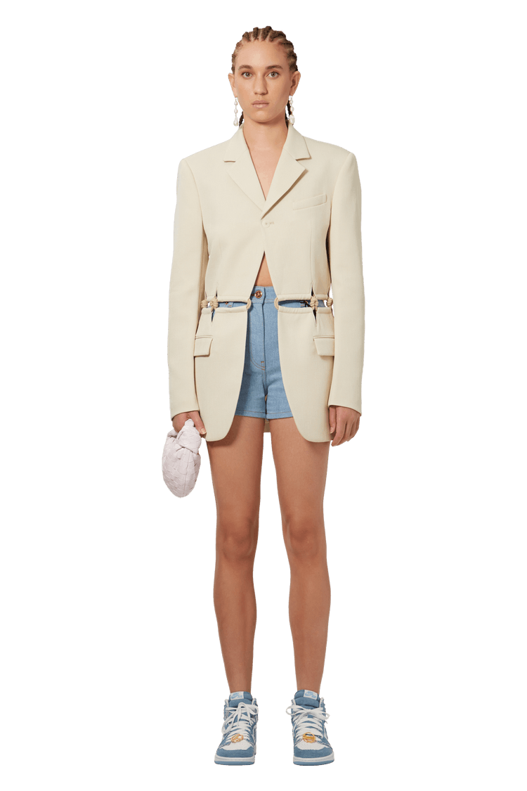 Model wearing Dion Lee Macrame Rope Blazer 'Ivory'