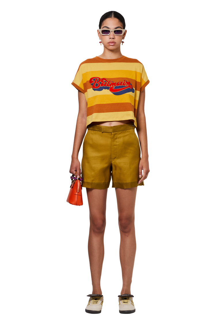 model wearing Balmain Cropped 70s Flock T-Shirt 'Multicolor/Rouge Vif'