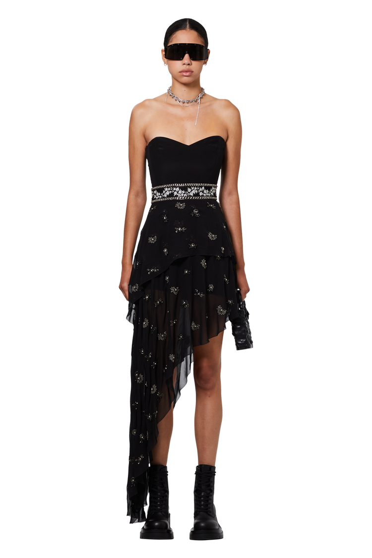 model wearing Amiri Embellished Strapless Dress 'Black'