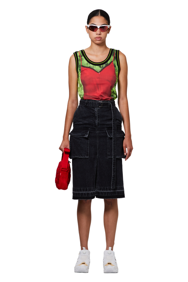 model wearing Y/Project x Jean Paul Gaultier Trompe-l'œil Lingerie Tank Top 'Red/Green'