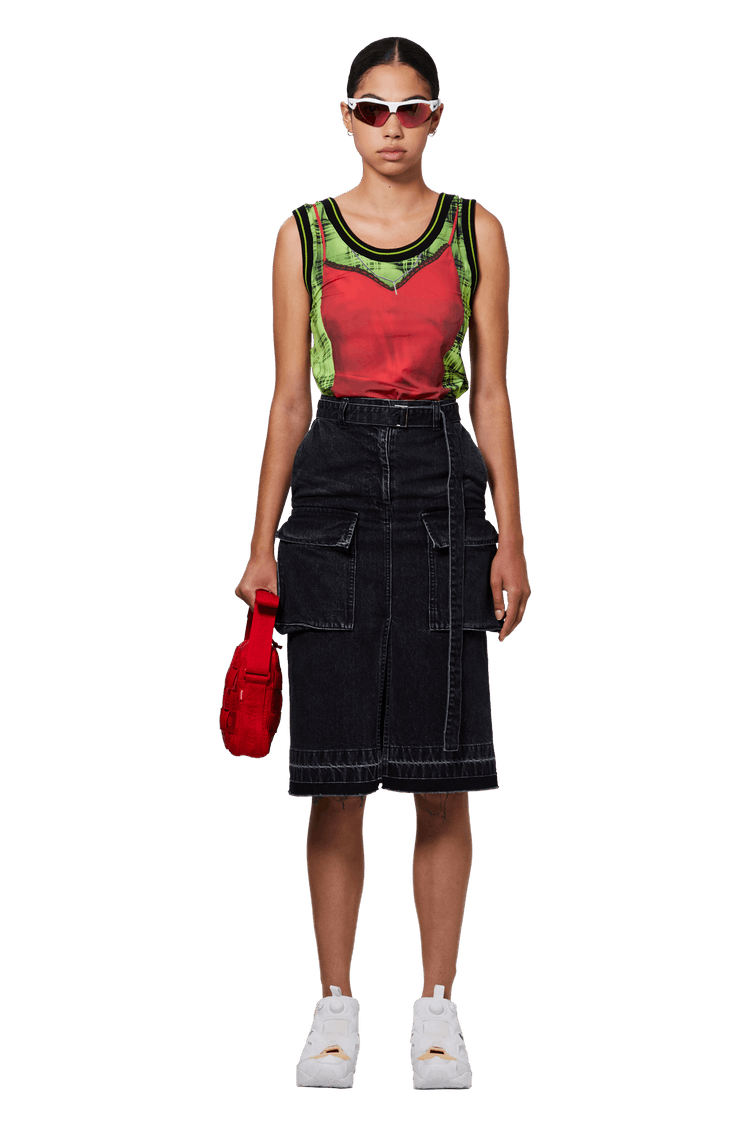 Model wearing Y/Project x Jean Paul Gaultier Trompe-l'œil Lingerie Tank Top 'Red/Green'