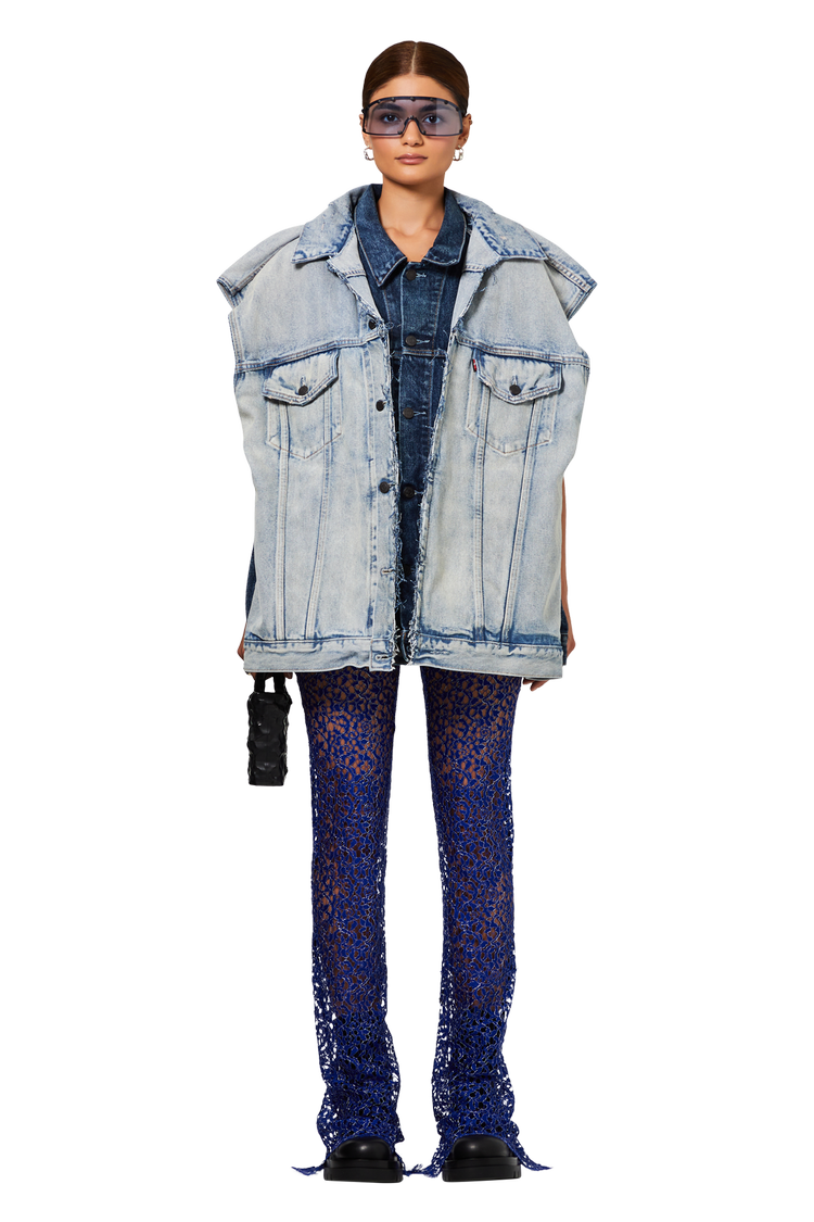 Model wearing Coperni Lace Flared Pants 'Royal Blue'