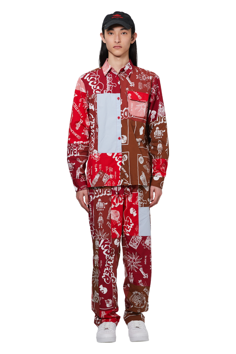 Model wearing KidSuper Super Patchwork Jacket 'Red'