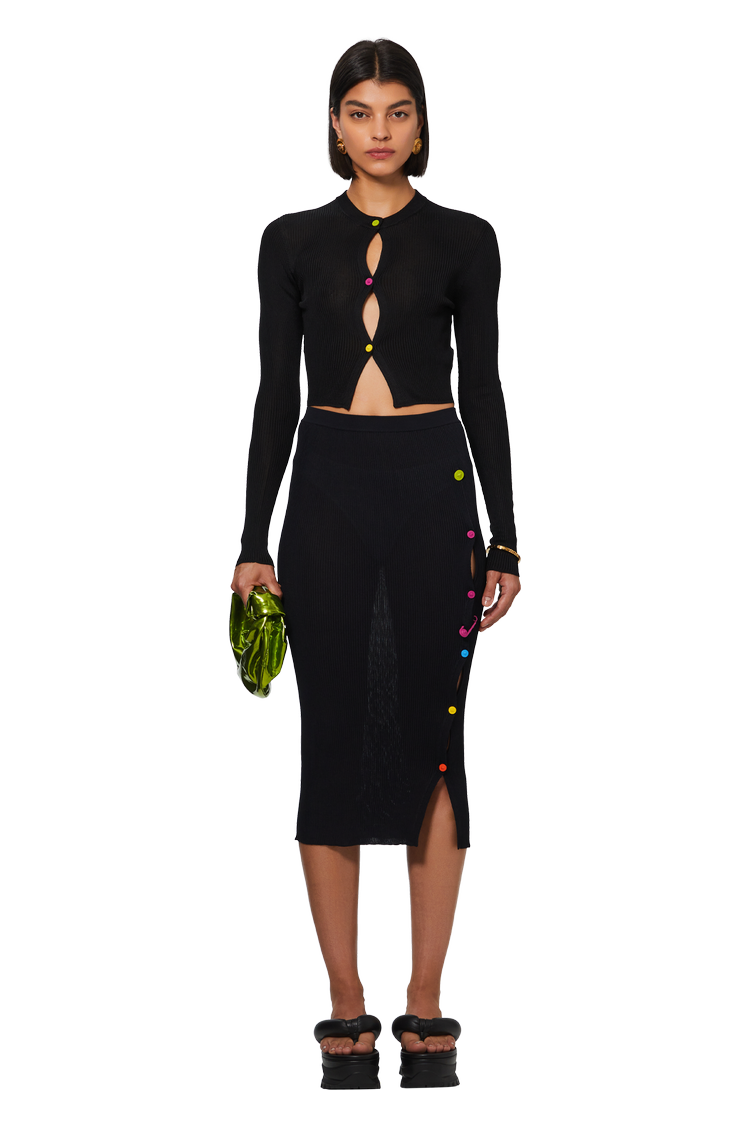 model wearing Versace Rib Serie Knit Skirt 'Black'