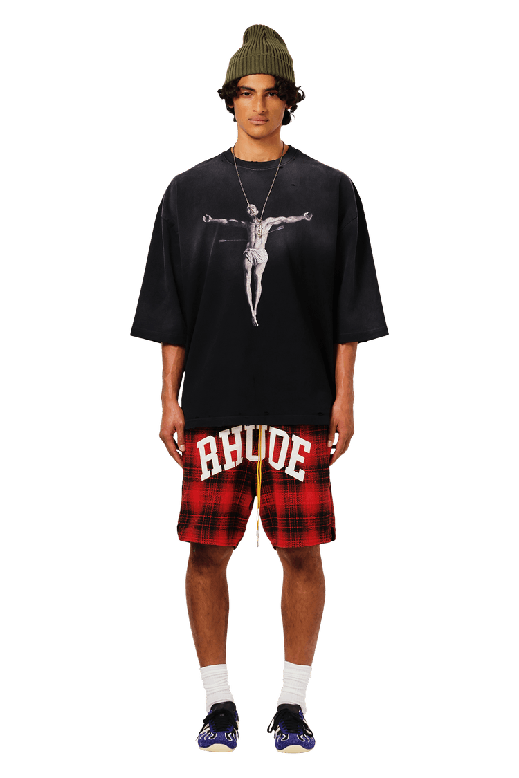 Buy Rhude Flannel Collegiate Court Logo Short 'Red/Black