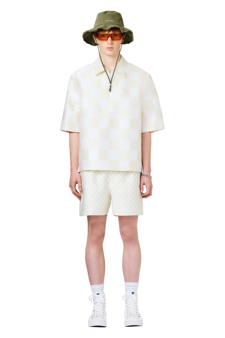 Model wearing Versace Silk Blend Shorts 'Light Sand/White'
