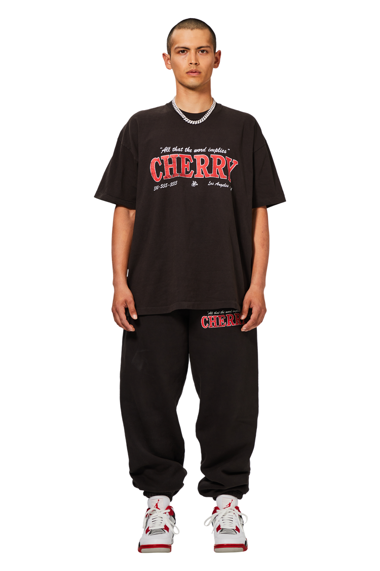 model wearing Cherry LA City Of Champions Sweatpants 'Lava Black'