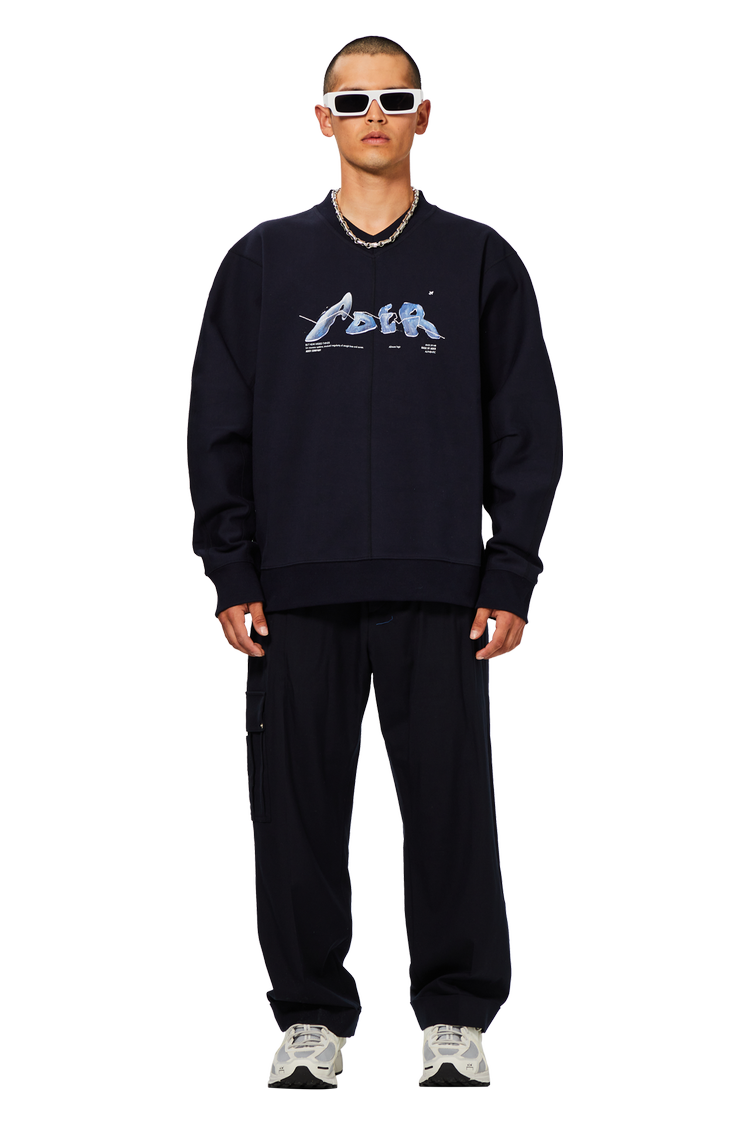 model wearing Ader Error Sweatshirt 'Navy'