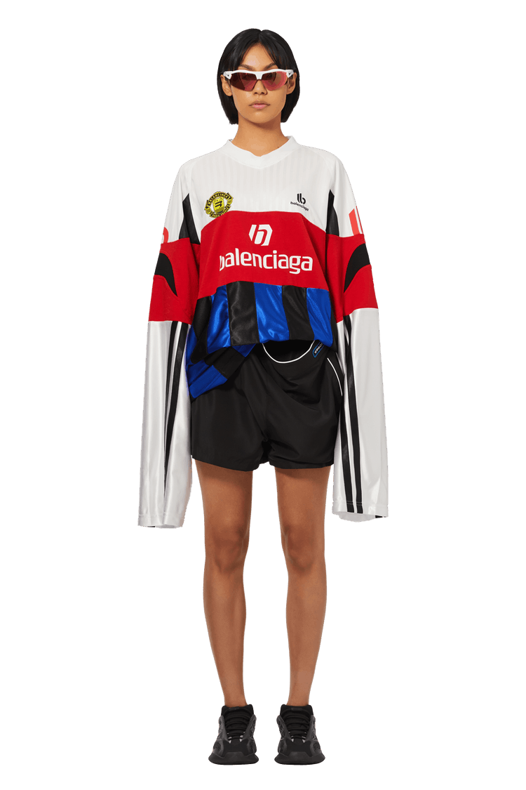 Model wearing Balenciaga Long-Sleeve Football Tee 'Cardinal Red'