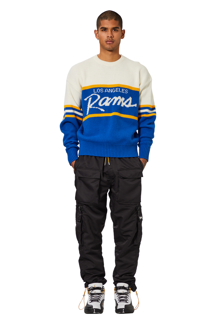 Model wearing Vintage NFL Authentic Pro Line By Cliff Engle Los Angeles Rams Crewneck Sweater 'Cream/Royal Blue/Gold'