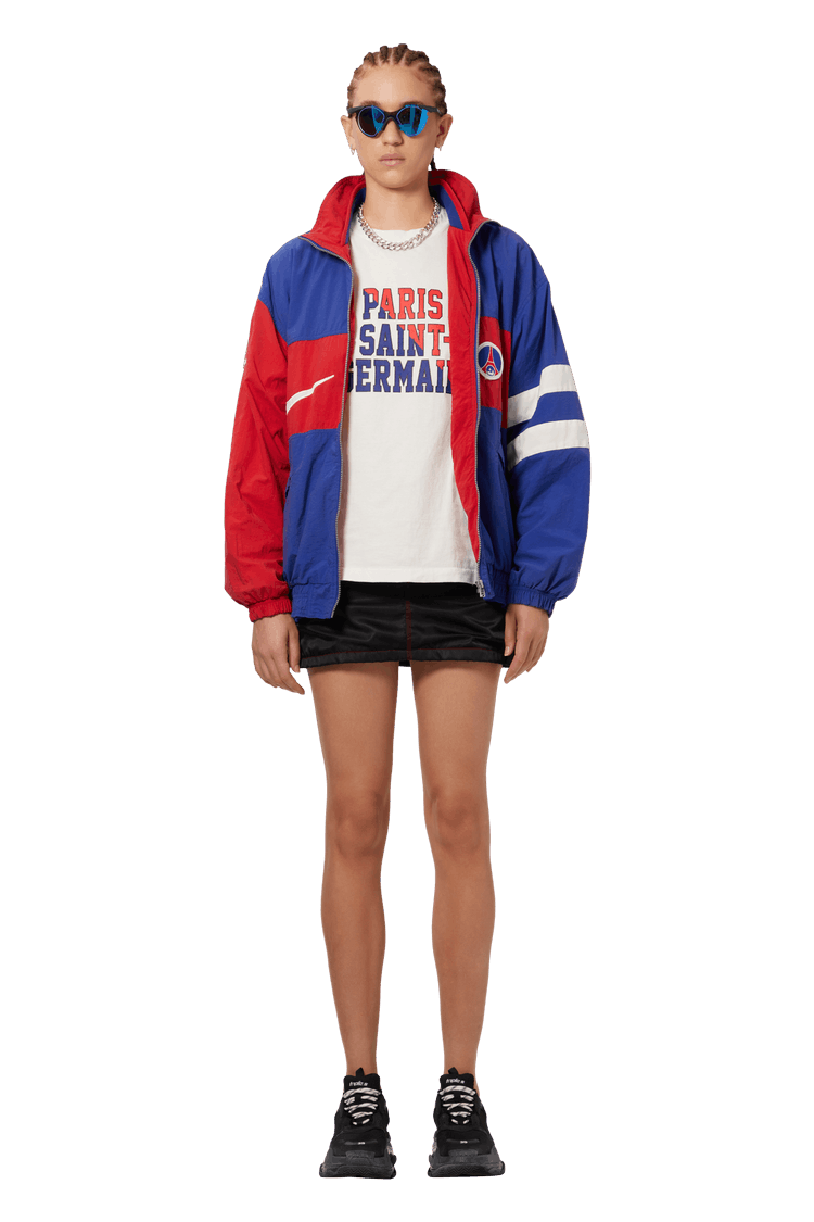 Model wearing Vintage Nike Paris Saint-Germain Logo Patch Track Jacket 'Blue/Red'