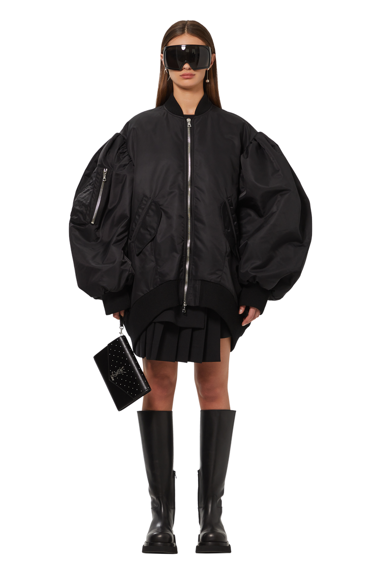 Model wearing Simone Rocha Oversized Puff Sleeve Bomber 'Black/Pearl'