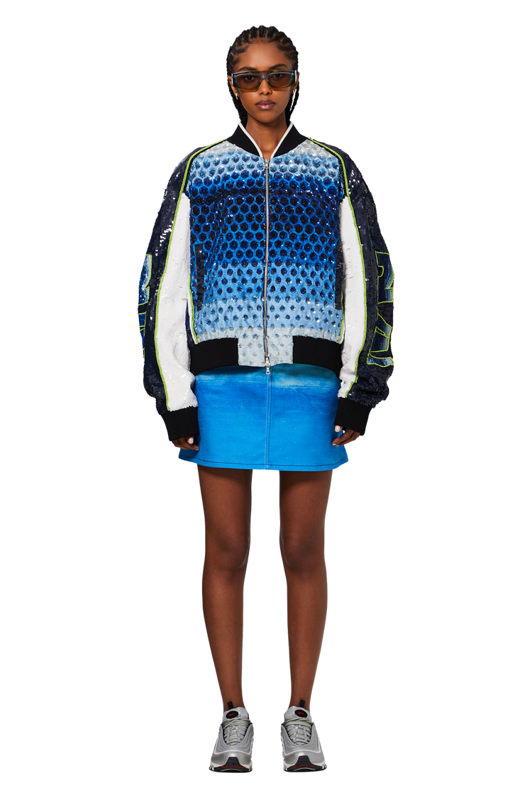 model wearing Dries Van Noten Embroidered Bomber Jacket 'Blue/White'