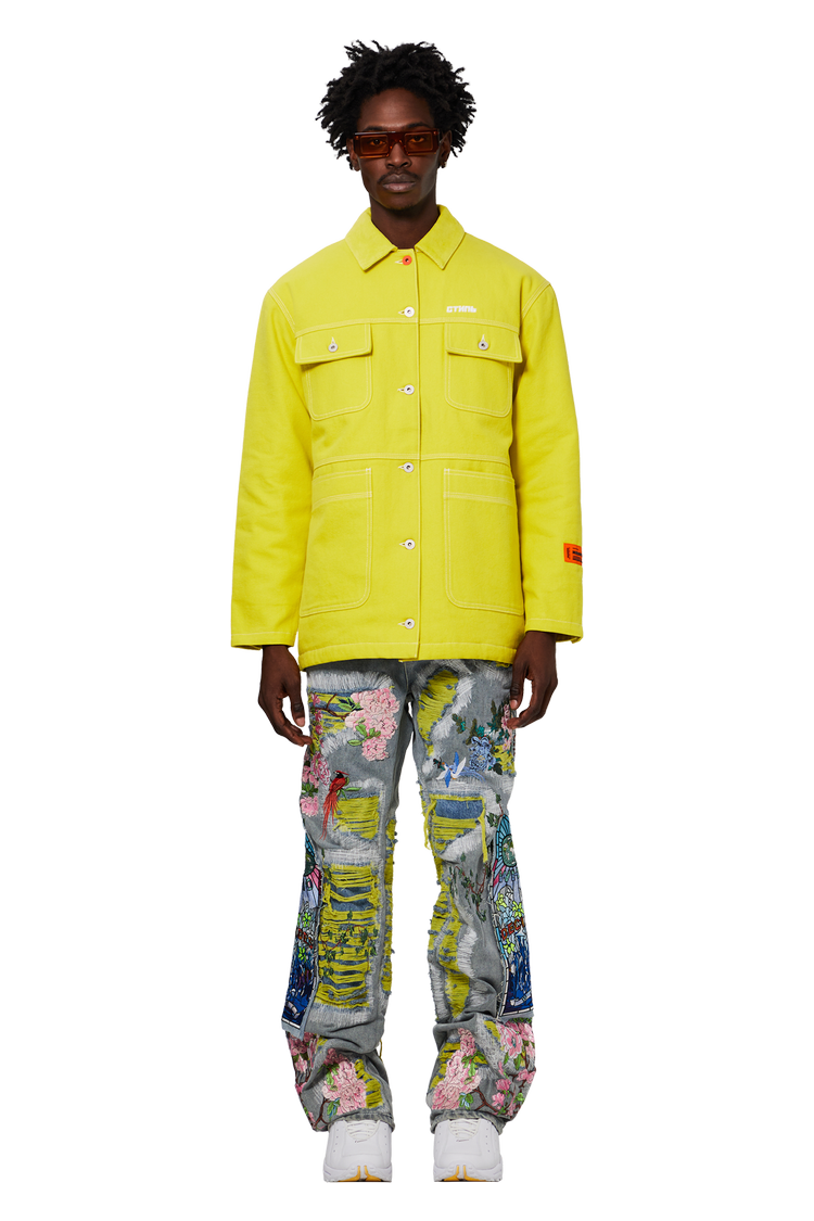 Model wearing Heron Preston Embroidered Denim Jacket 'Yellow'