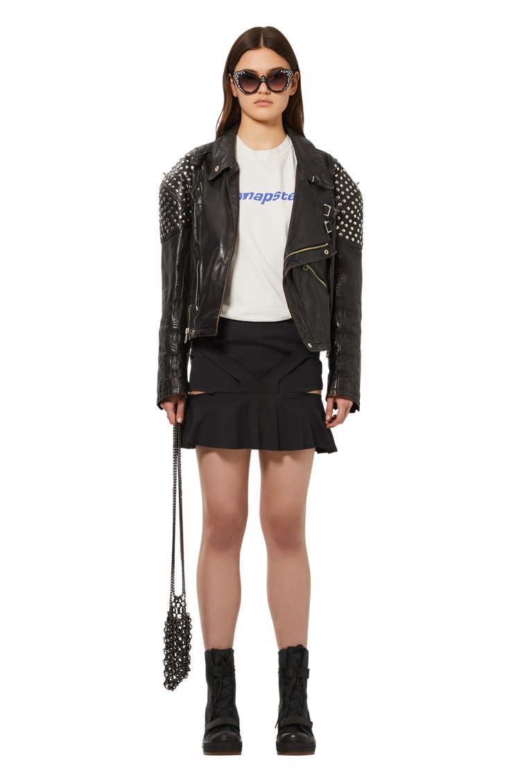model wearing Vintage Jean Paul Gaultier Studded Leather Biker Jacket 'Black'