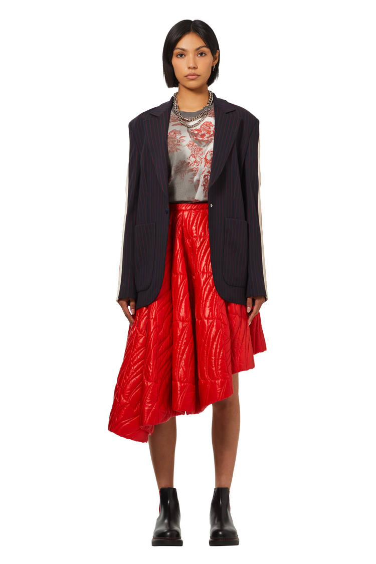 Model wearing Vintage Christian Dior Asymmetrical Quilted Skirt 'Red'