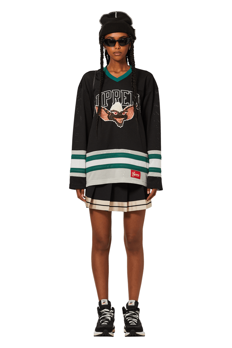 Model wearing Supreme Gremlins Hockey Jersey 'Black'