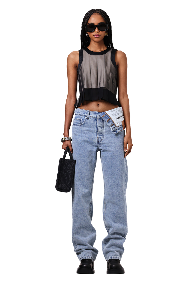 Model wearing Y/Project Evergreen Asymmetric Waist Jeans 'Blue'