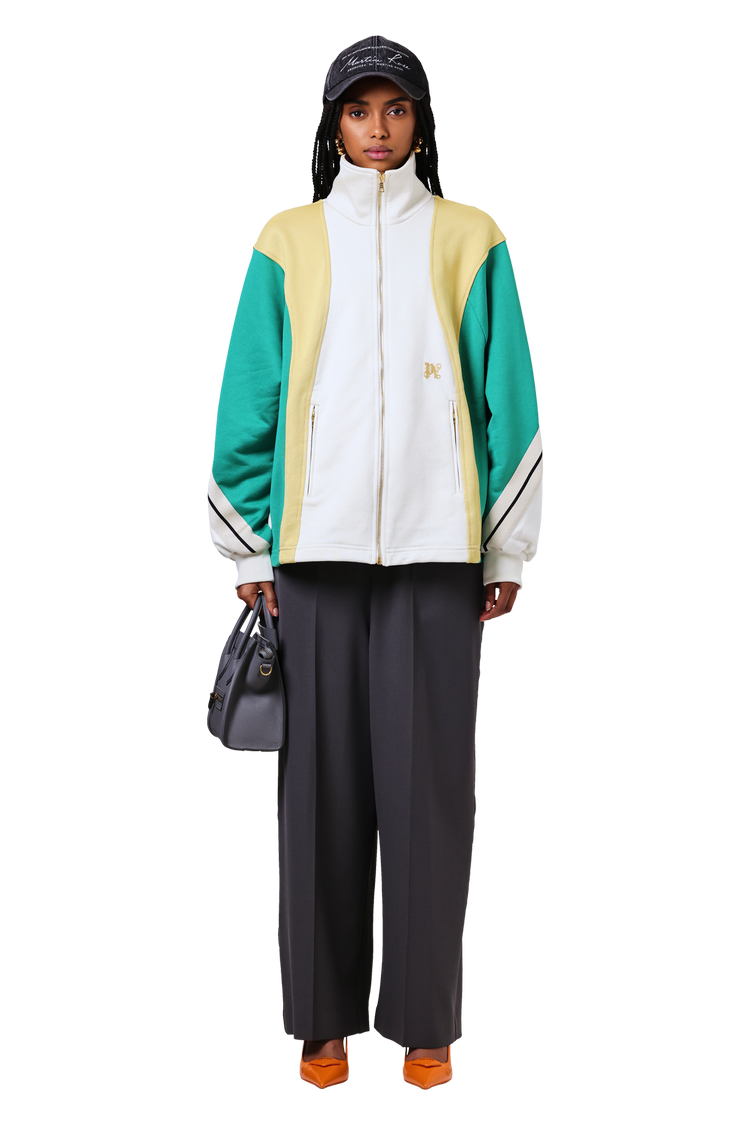 Model wearing Palm Angels Monogram Colorblock Sweatshirt 'Off White/Multicolor'
