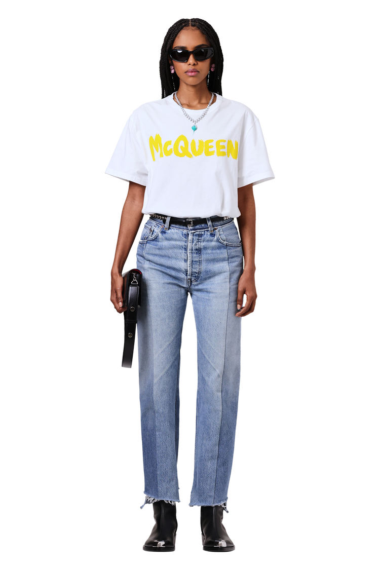 Model wearing Alexander McQueen Graffiti T-Shirt 'White/Yellow'