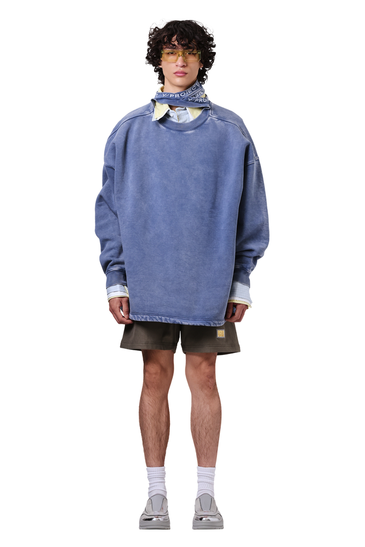 Model wearing Aris Tatalovich Triple Layer Shirt 'Blue'