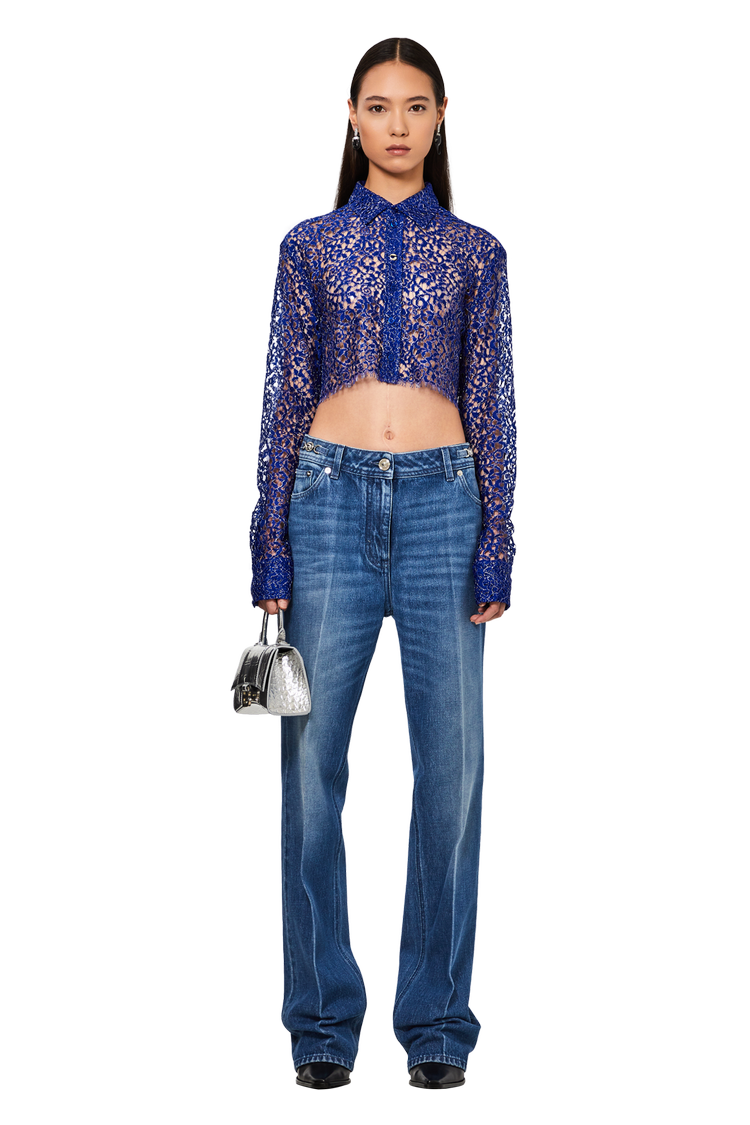 model wearing Coperni Lace Cropped Shirt 'Royal Blue'