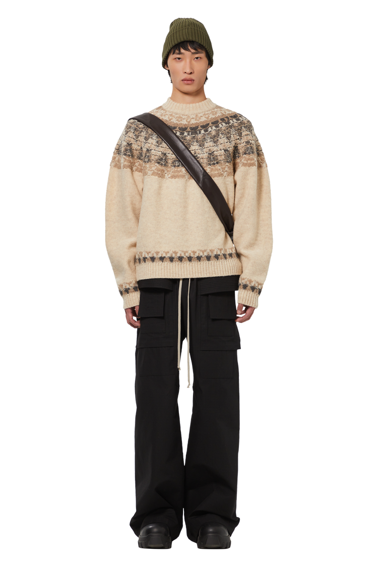 model wearing Kapital 5G Wool Nordic Smilie Patch Raglan Sweater 'Ecru'